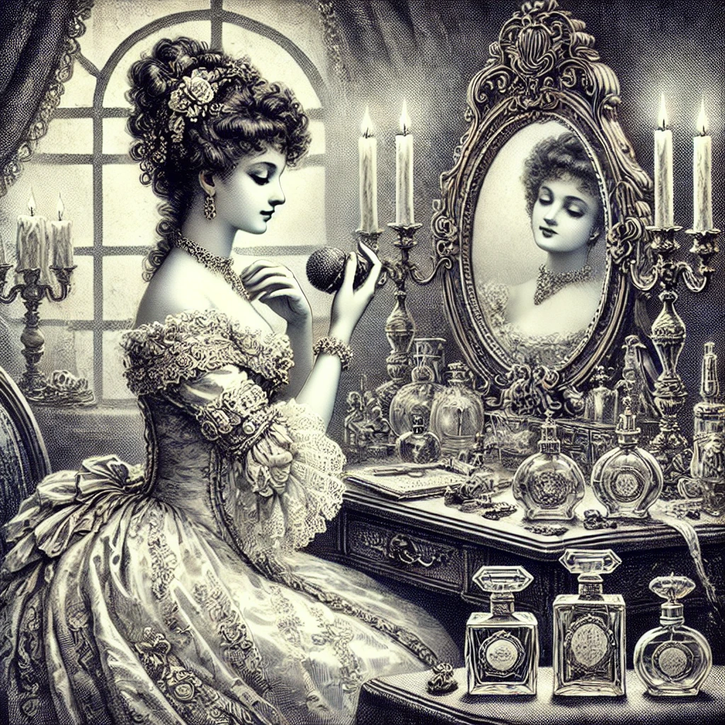 A vintage illustration of an 18th-century noblewoman applying perfume before a grand ball.