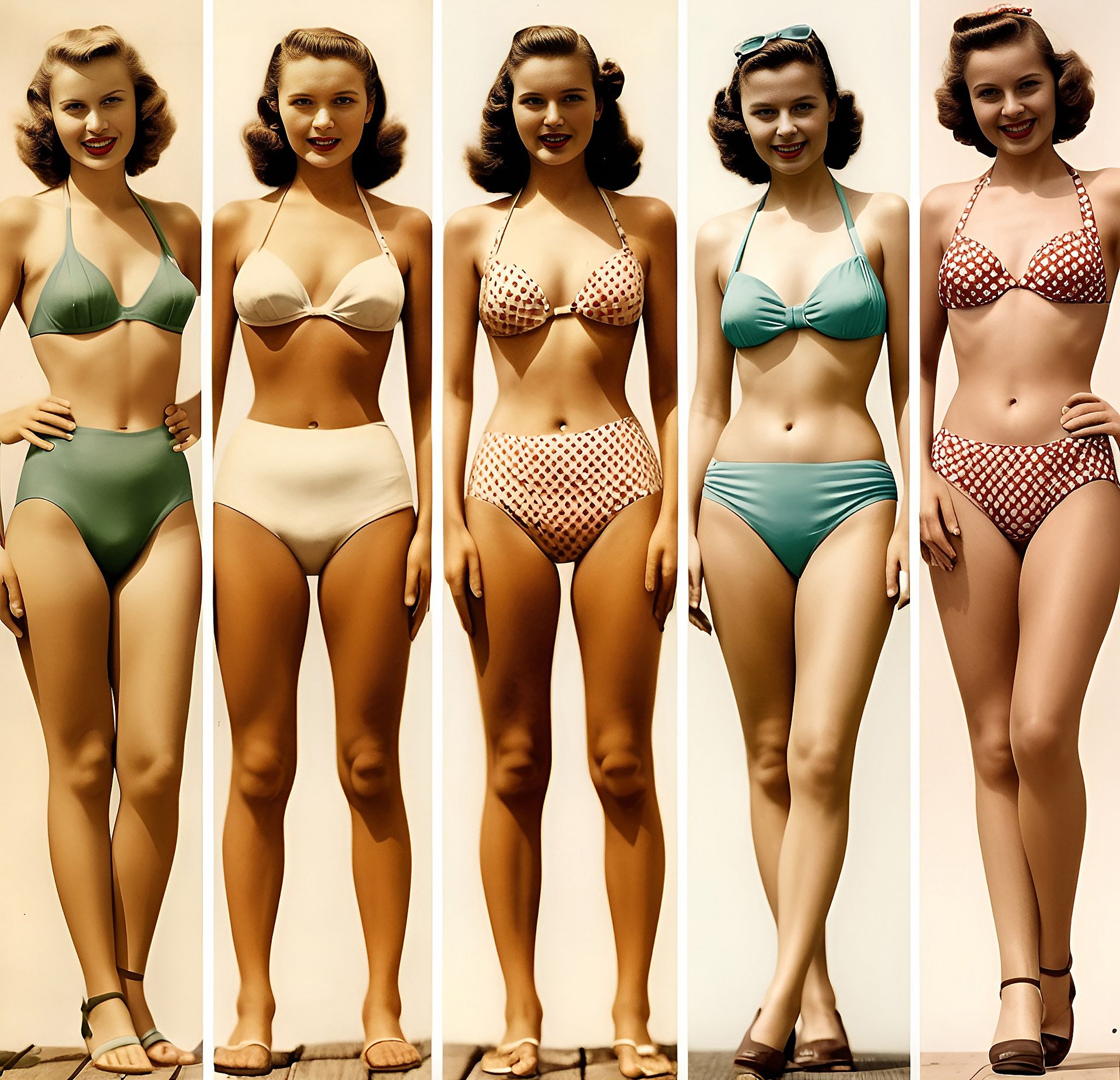 A vintage-style collage showcasing the evolution of micro bikinis from the 1940s to modern times. The image features five models in various bikini styles, illustrating the transformation of swimwear fashion over the decades.