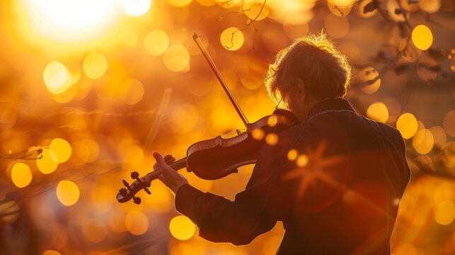 A violinist playing by the river at dusk, with a small crowd listening.