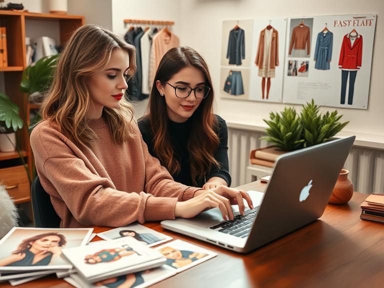 Creative session at The Pink Story: fashion bloggers brainstorming amidst inspiring designs Fashion bloggers collaborating at The Pink Story office, surrounded by style sketches and mood boards.