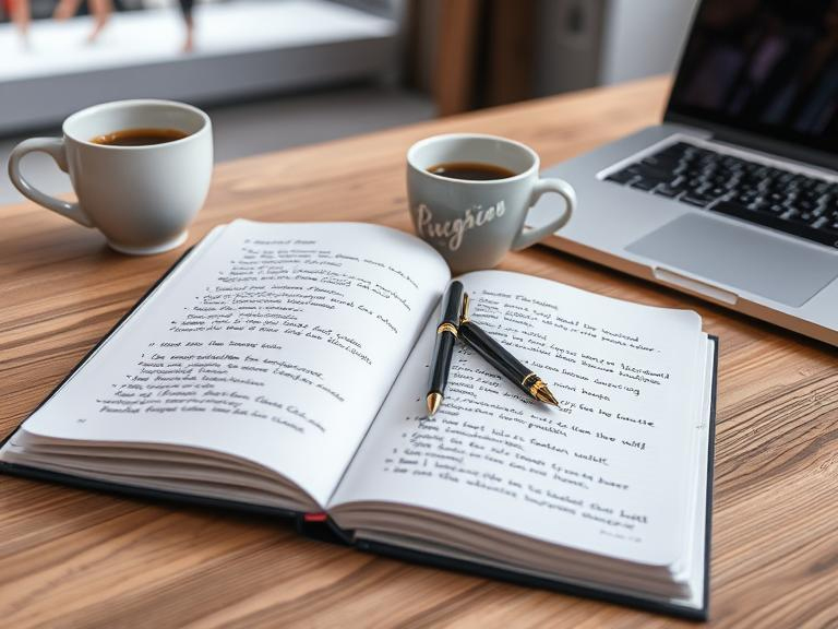 Structured writing essentials—crafting engaging fashion narratives for The Pink Story A neatly organized notebook with handwritten notes, a pen, and two cups of coffee on a wooden desk beside a laptop—perfectly capturing The Pink Story’s dedication to well-researched fashion content.