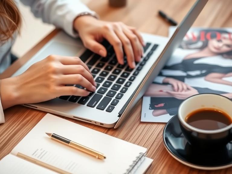 Submit your fashion article and be a part of The Pink Story! A woman typing on a laptop with a fashion magazine, notebook, and coffee cup on the desk, representing the article submission process for The Pink Story.